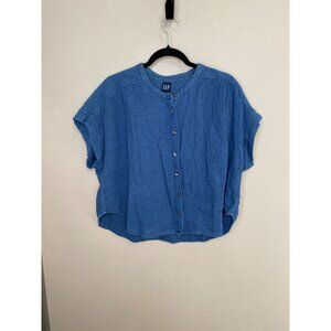Gap Womens Blue Short-Sleeve Button-Down Boxy Top M 100% Cotton Casual Style
